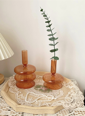 棕色韩风小众风插画假花桌面摆件