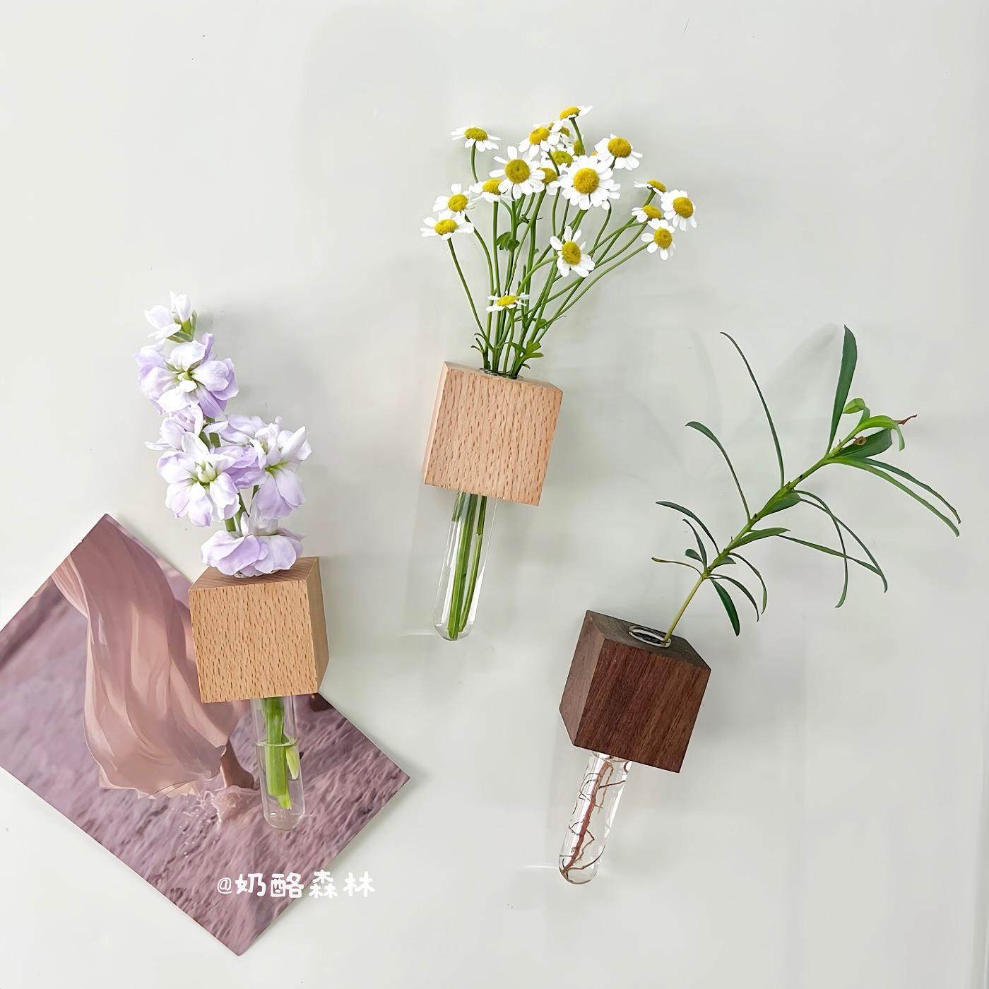实木插花器磁吸冰箱贴鲜花水培瓶图片