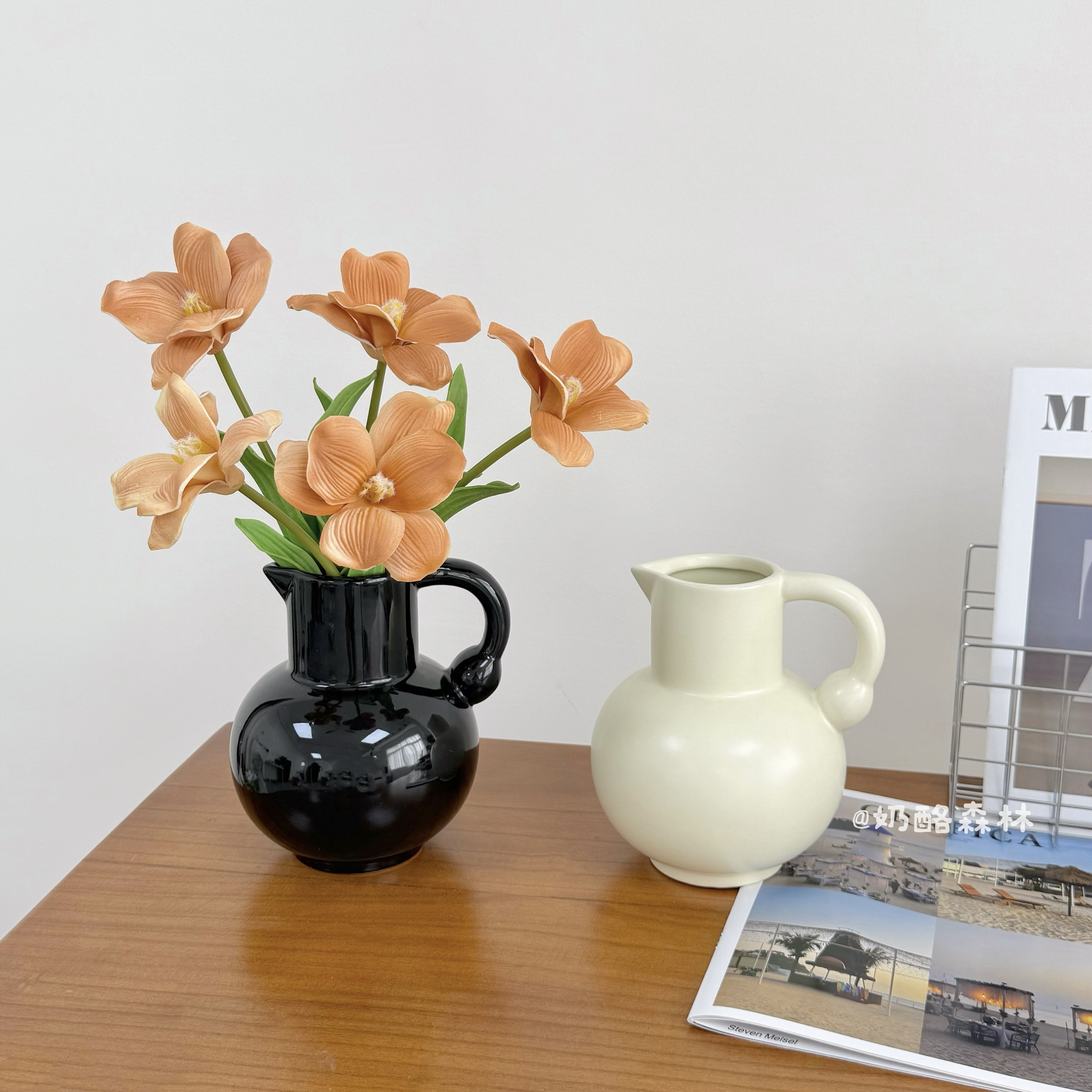 法式陶瓷提手花瓶ins风轻奢高级感奶壶状手提插花器客厅桌面装饰,家居饰品,花瓶,淘宝优惠券,粉丝福利购,淘宝优惠卷