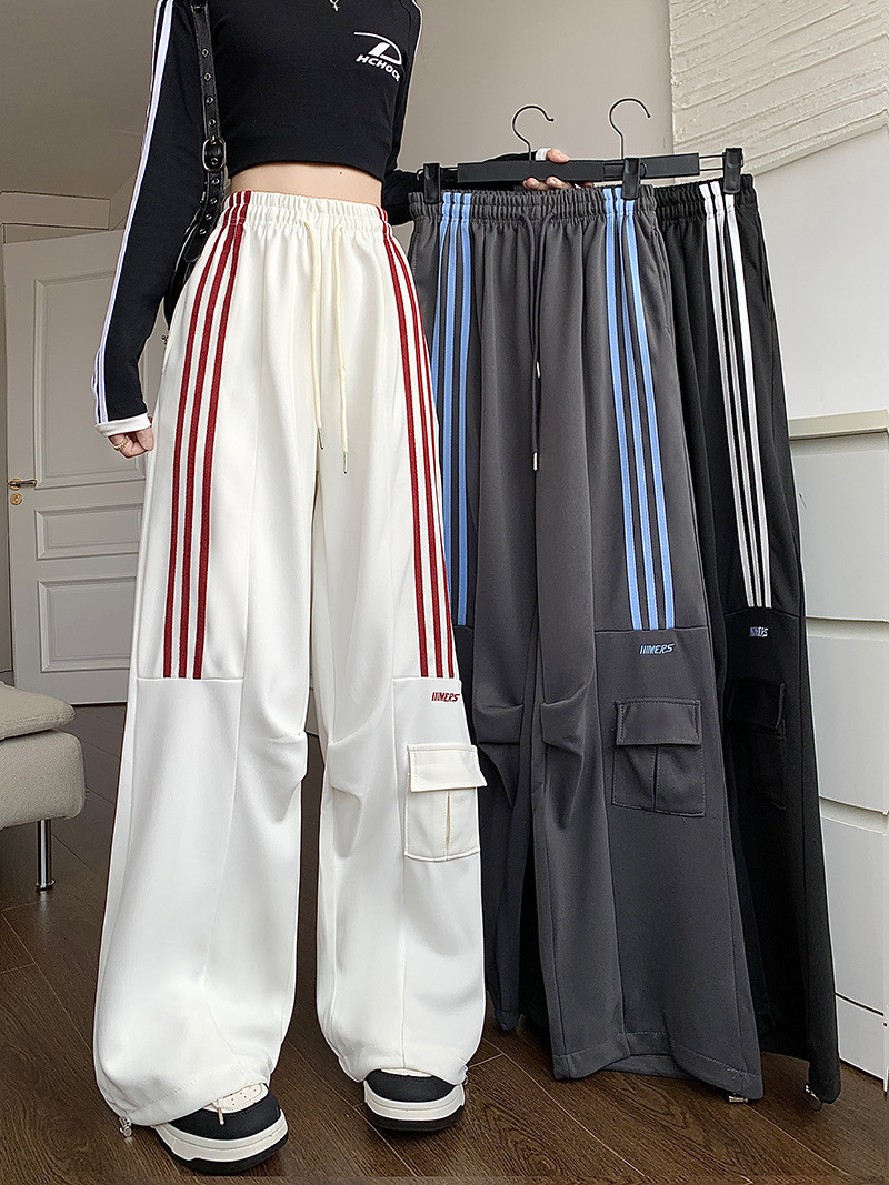 美式hiphop三条杠休闲运动裤男女春季新款宽松多口袋阔腿工装卫裤