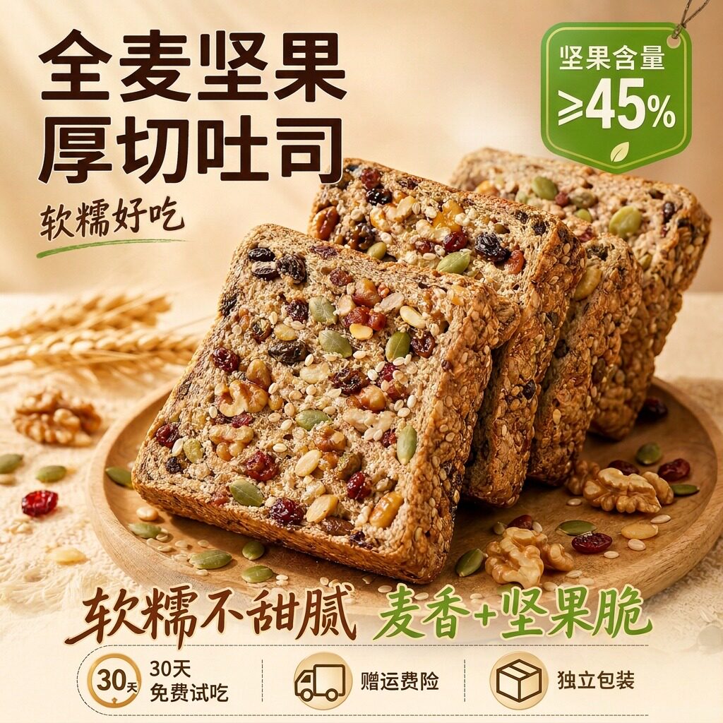 全麦坚果厚切吐司手撕面包饱腹代餐早餐自律期面包速食整箱零食品
