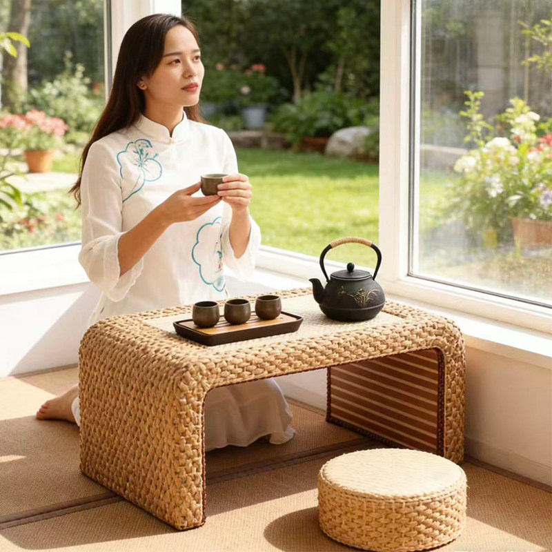 日式榻榻米茶桌藤编飘窗茶几小桌子禅意喝茶桌椅组合炕桌书桌迷你图片
