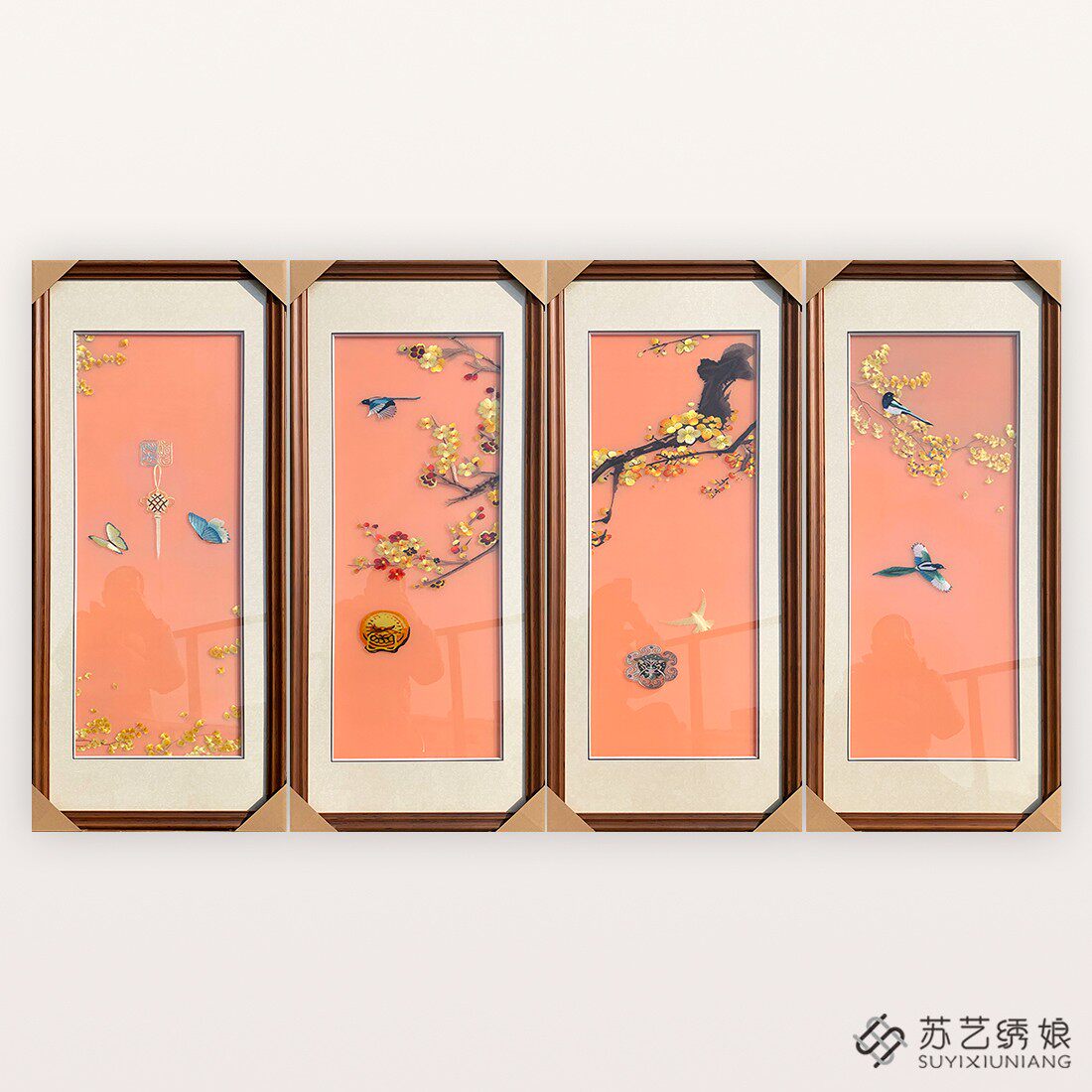 苏绣成品挂画手工刺绣精品银杏叶花鸟刺绣挂画客厅沙发墙装饰挂画
