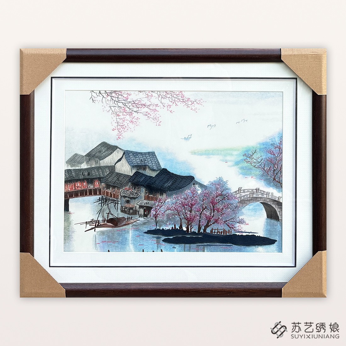 苏州刺绣手工刺绣精品江南水乡客厅挂画实木外框送朋友刺绣礼物画