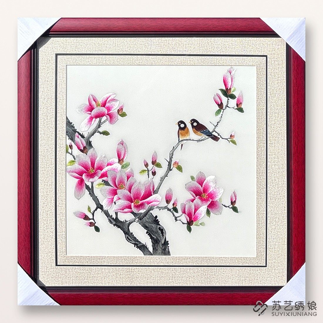 苏绣成品挂画手工刺绣精品玉兰花花鸟客厅卧室挂画送朋友刺绣礼物