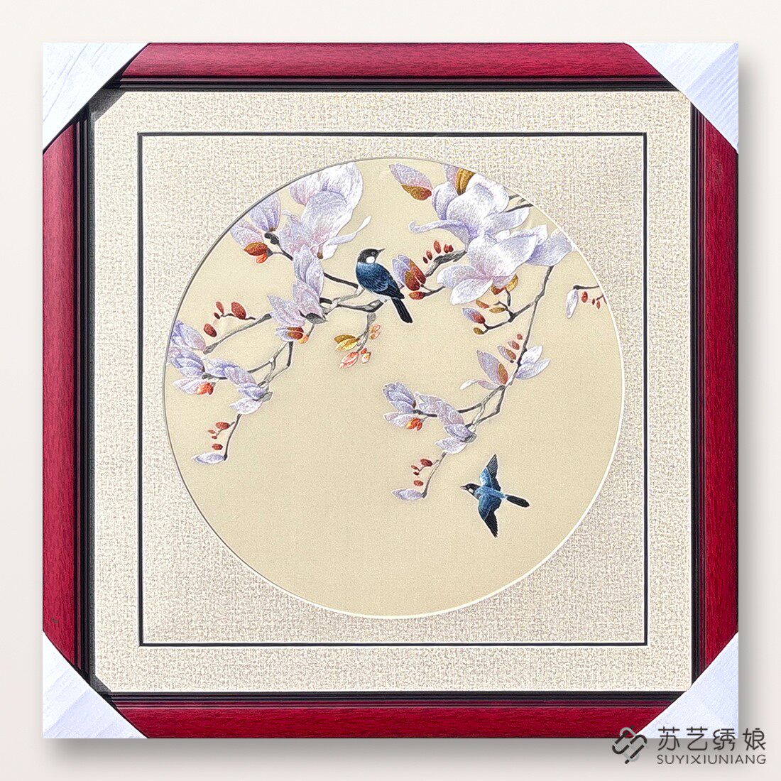 苏绣成品挂画手工刺绣精品玉兰花花鸟客厅卧室挂画送朋友刺绣礼物