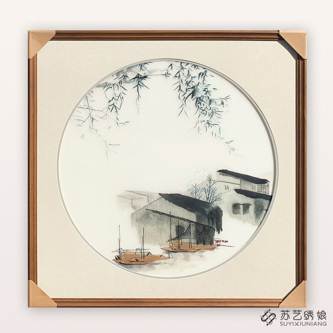 苏州刺绣写意水乡手工刺绣大幅4丝精品江南水乡山水出国商务礼品