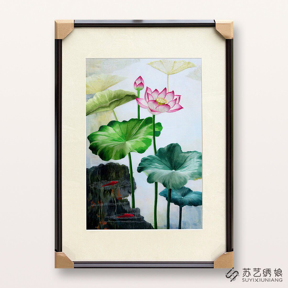苏绣成品挂画手工刺绣精品荷花鱼客厅玄关走廊挂画4丝精品刺绣画