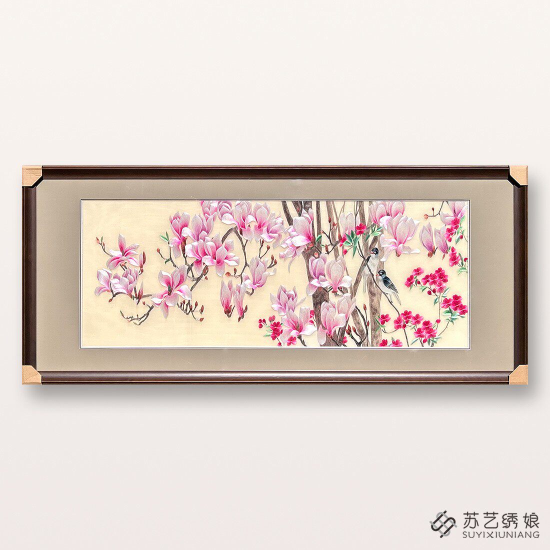 苏绣成品挂画手工刺绣精品玉兰花花鸟客厅卧室床头挂画玉兰花刺绣