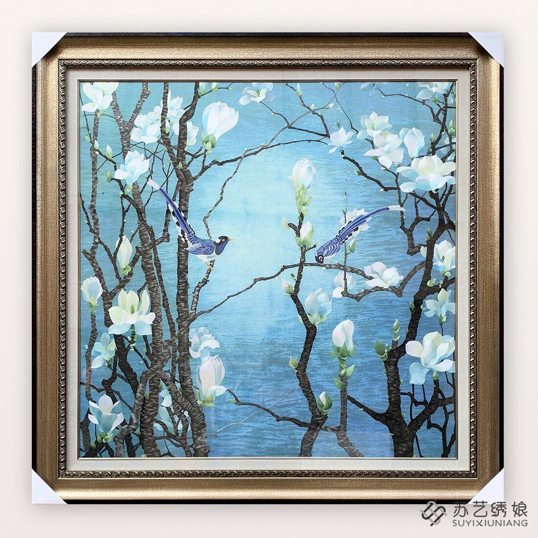 苏绣成品挂画大幅玄关装饰挂画别墅挂画玉兰花鸟客厅书房挂画刺绣