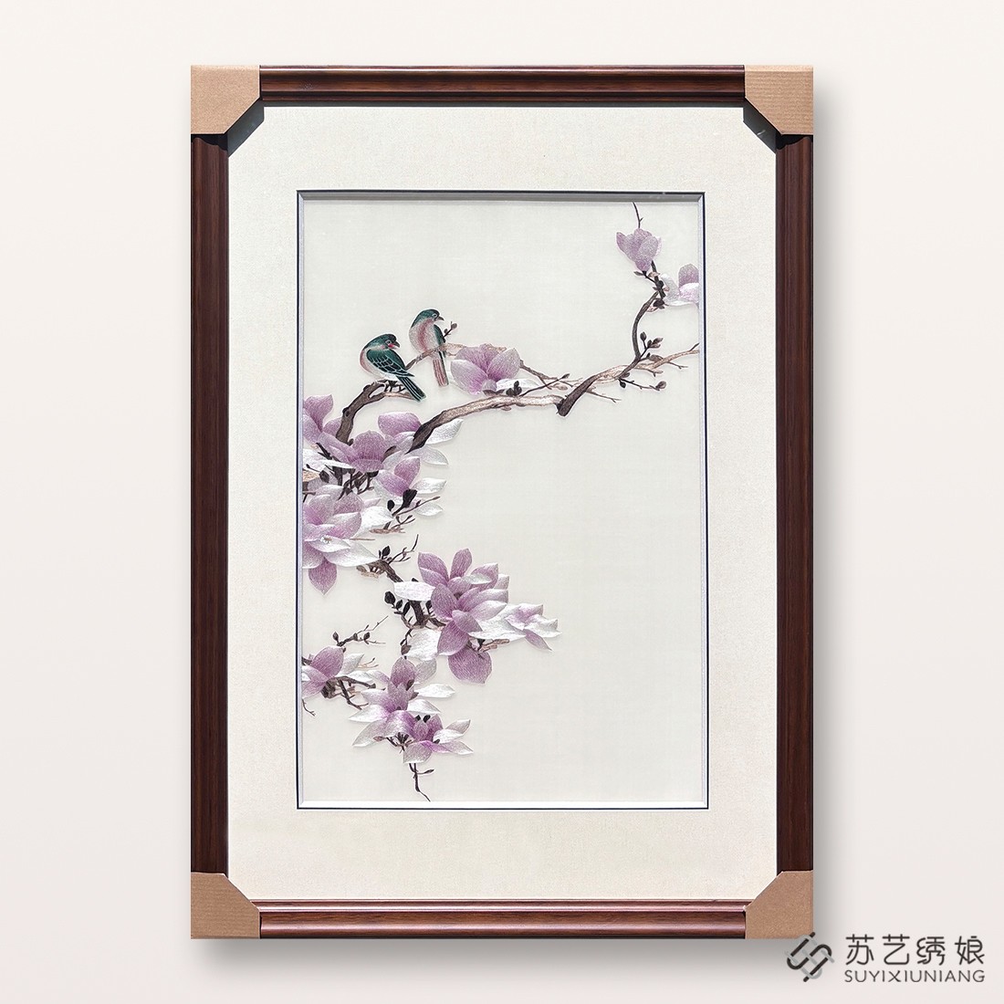 苏绣成品挂画手工刺绣精品玉兰花花鸟客厅卧室挂画送朋友刺绣礼物