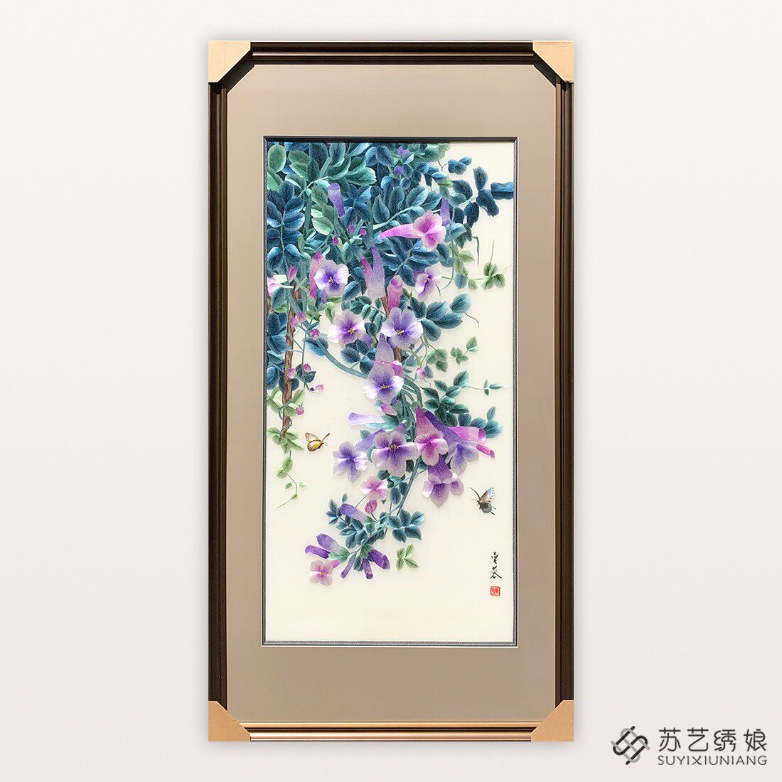 苏绣成品挂画手工刺绣精品喇叭花大幅玄关装饰挂画花鸟商务礼品画