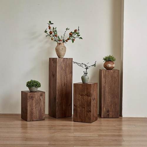 诧寂风实木方形花架客厅玄关落地摆件民宿复古木桩展示架原木花几
