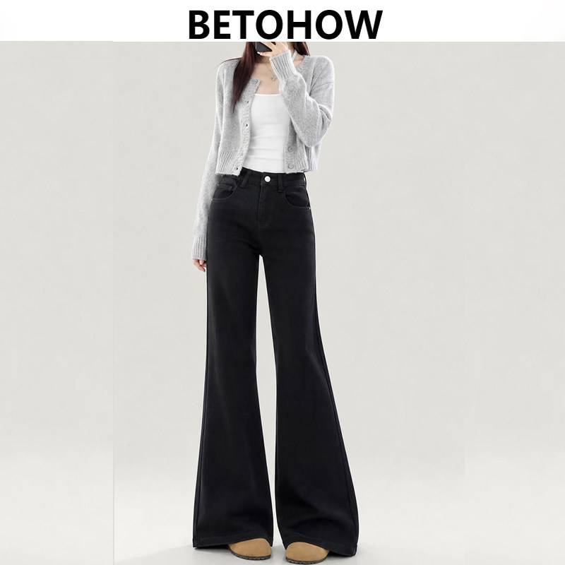 BETOHOW黑色高腰微喇牛仔裤女四面弹显瘦冬加绒不贴腿马蹄喇叭裤
