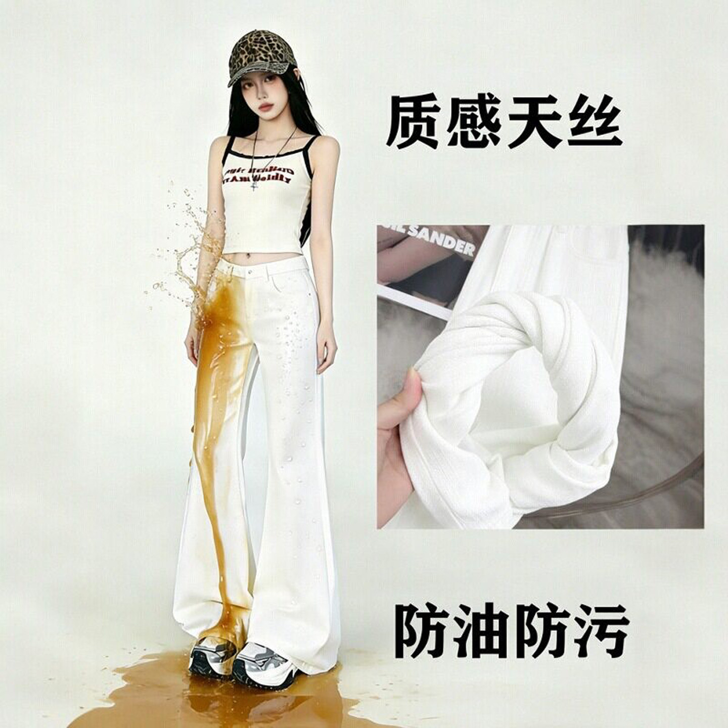 天丝白色微喇牛仔裤女夏薄款防油防污三防不贴腿喇叭裤莱赛尔长裤