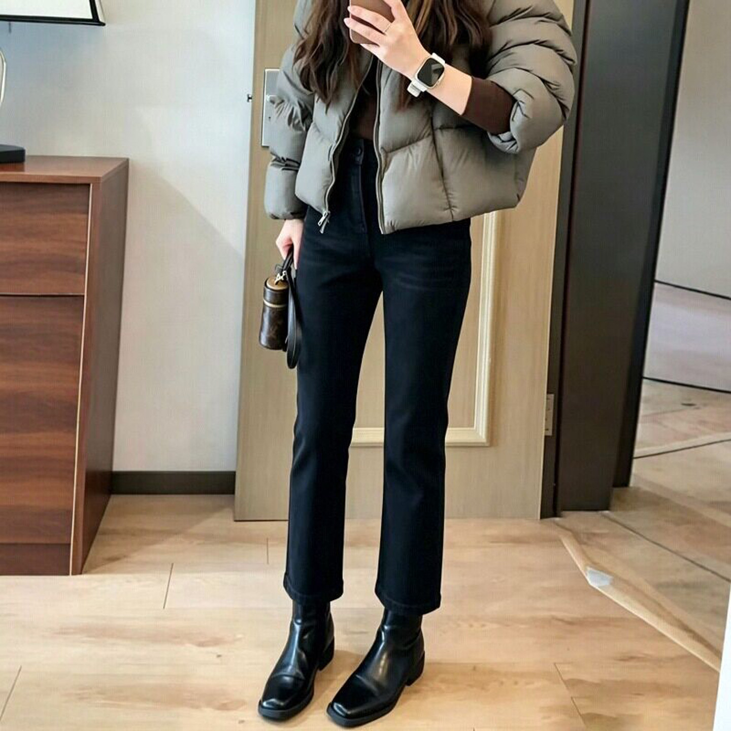 女冬加绒加厚高腰牛仔九分靴裤