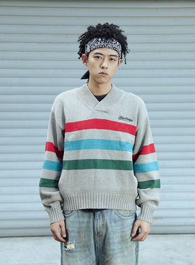 FakeVintage  秋冬灰色条纹青果领毛衣 套头 美式复古刺绣潮流