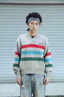 美式 套头 复古刺绣潮流 秋冬灰色条纹青果领毛衣 FakeVintage