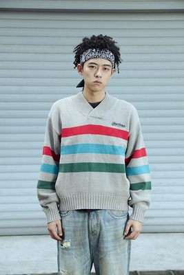 FakeVintage套头青果领毛衣条纹