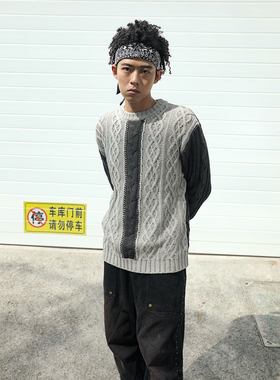 FakeVintage 黑灰色拼接麻花刺绣毛衣 秋冬季美式复古潮流情侣