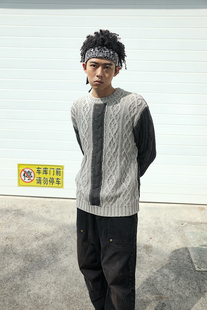 美式 秋冬季 复古潮流情侣 黑灰色拼接麻花刺绣毛衣 FakeVintage