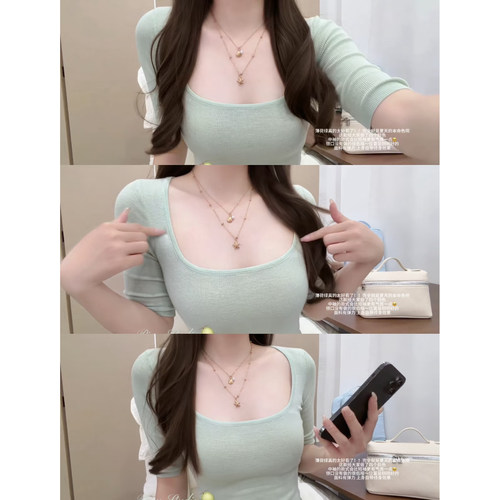 夏季方领显瘦短袖软糯针织衫女