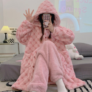 睡衣女冬季珊瑚绒加厚加绒法兰绒长款睡袍浴袍秋冬连帽家居服套装
