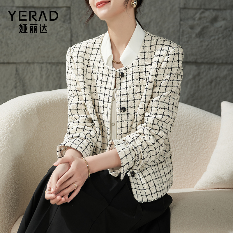 娅丽达气质休闲格子春秋小香风外套女2025新款上衣小个子女装
