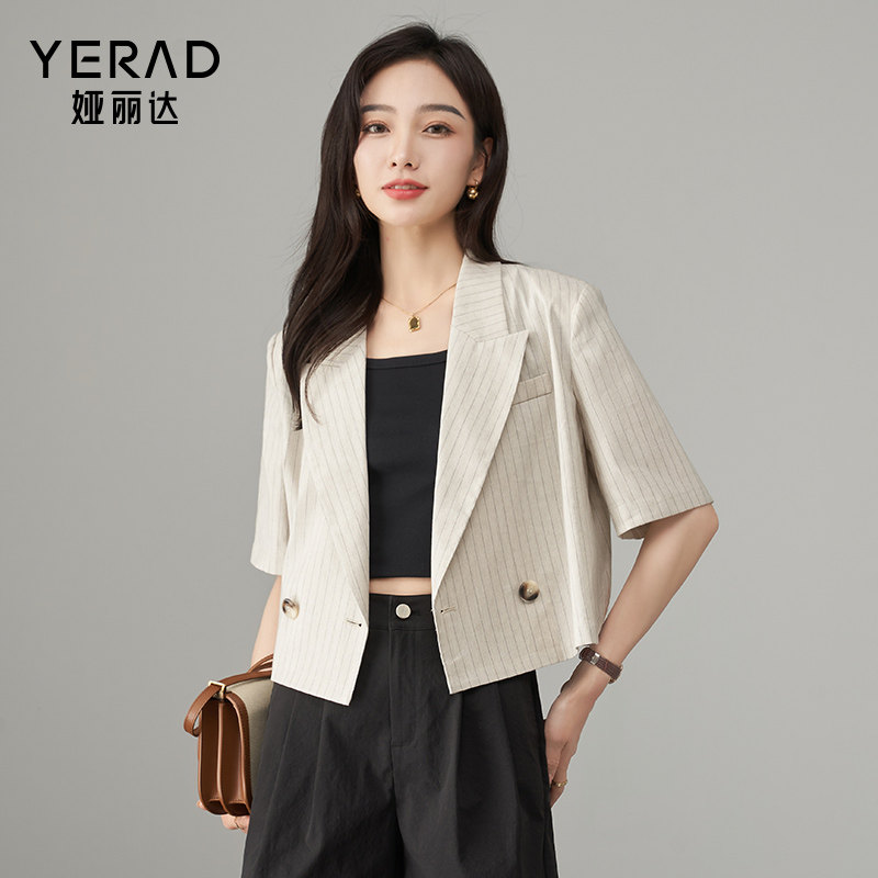 娅丽达高级感薄款短袖西装外套女夏季2026新款小个子截短式西服女