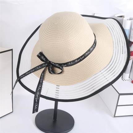 大沿草帽子女夏季海边度假遮阳防晒飘带可折叠渔夫帽沙滩帽百搭