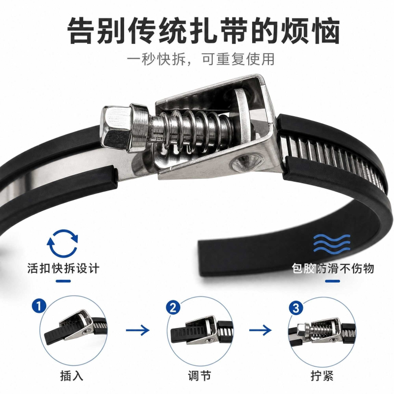 304不锈钢包胶活扣扎带防刮花胶条抱箍可拆卸可调节绑带螺纹松紧