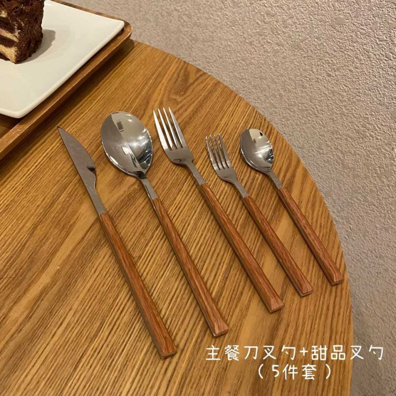 ins风刀叉韩式木纹长柄勺子不锈钢餐具叉勺精致木柄甜品小勺子女