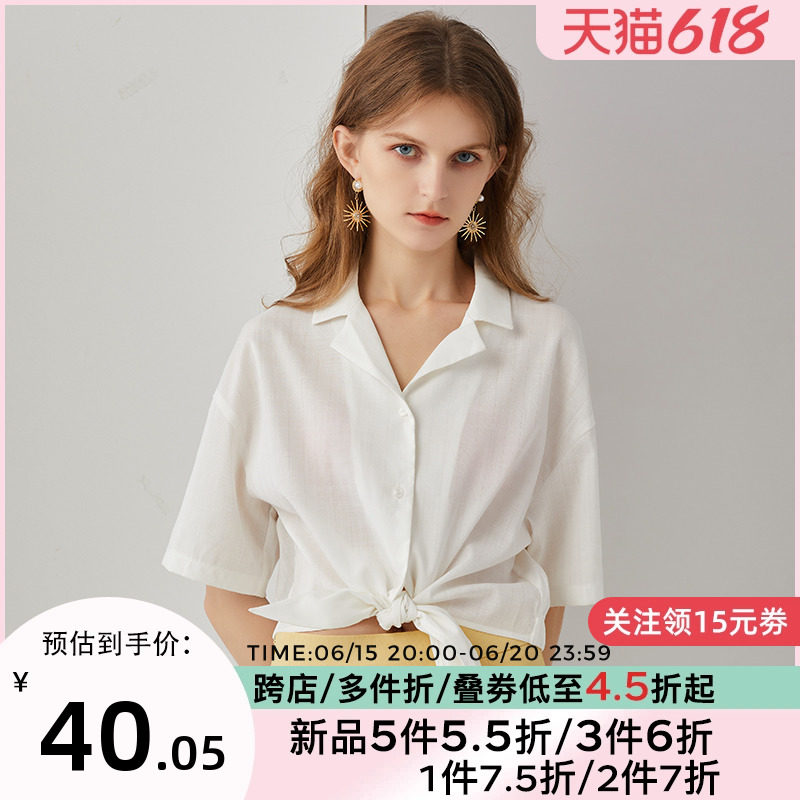 DOOC雪纺衬衫女士春季新款甜美翻领纯色短袖时尚系带上衣