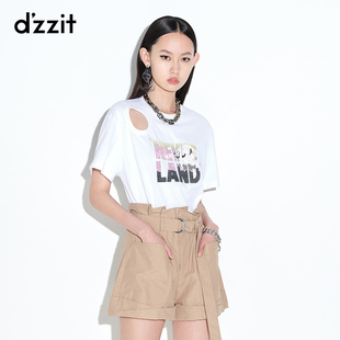 dzzit地素 T恤女3D2B3091C 迪士尼印花肩部挖空短袖 奥莱夏款