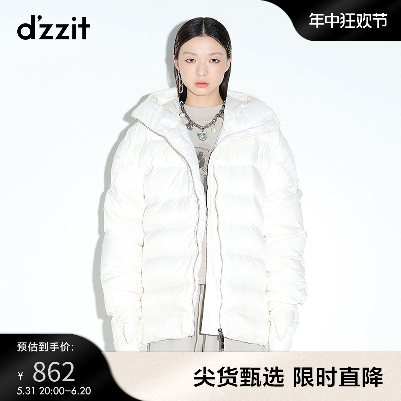 dzzit地素奥莱春亮面中长款连帽羽绒服女搭配装饰手套3E1K3031B