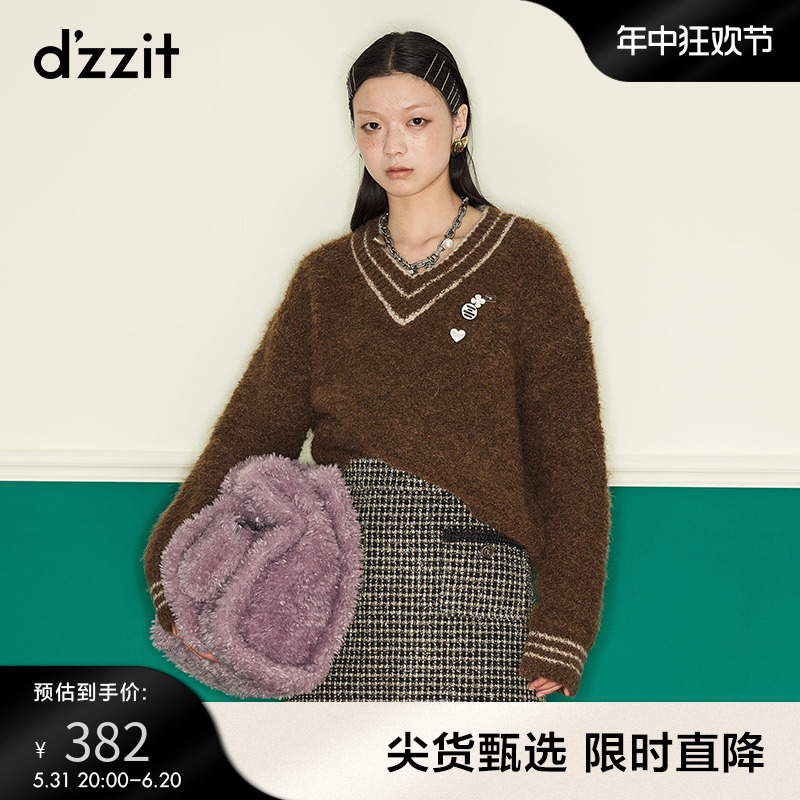 dzzit地素 奥莱秋毛衫黄褐色时尚复古针织套头长袖衫女3E1E4051W 女装/女士精品 毛衣 原图主图