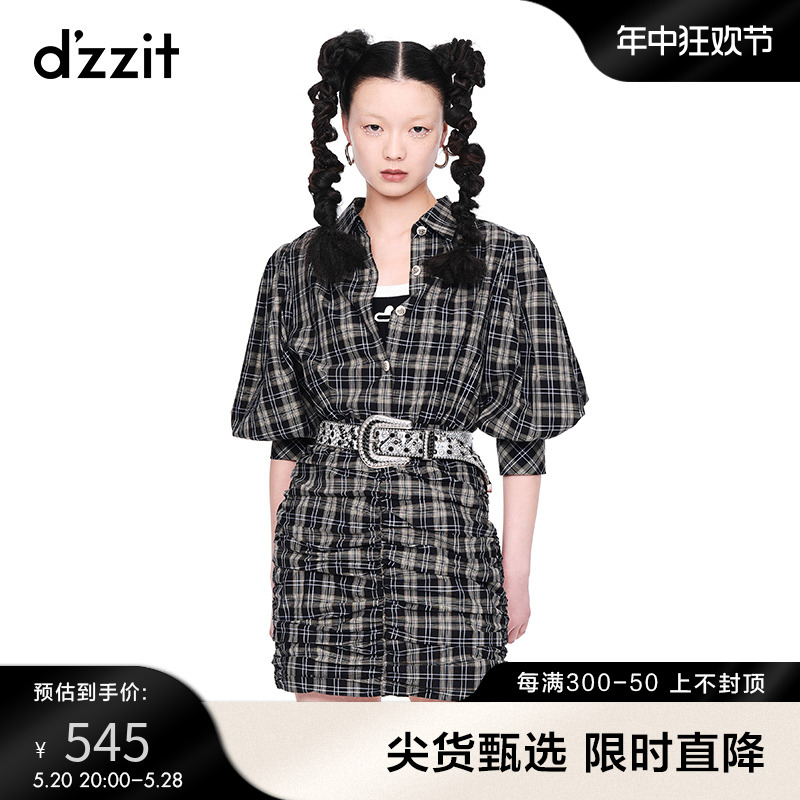 d'zzit地素奥莱春秋法式别致复古格纹泡泡袖抽褶短袖连衣裙女