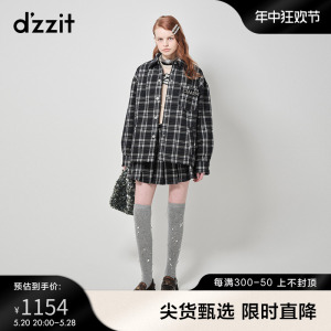 dzzit地素奥莱短款棉服2023冬专柜新款休闲随性慵懒风黑白格纹外