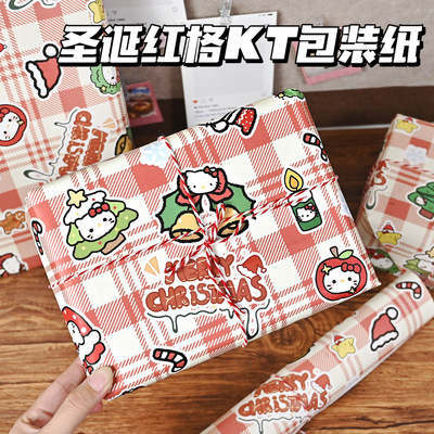 新款红格纹hellokitty包装纸圣诞盒子礼物出卡打大张卷筒包装纸