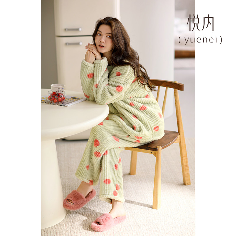 悦内睡衣女款秋冬季冬款加绒加厚保暖法兰绒珊瑚绒家居服圆领套头
