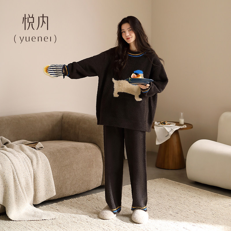 悦内半边绒睡衣女冬季秋冬款珊瑚绒软绵绵毛绒家居服卡通狗可外穿