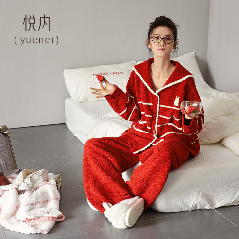 悦内半边绒睡衣女士冬季秋冬加厚加绒珊瑚绒家居服红色本命年套装,女士内衣/男士内衣/家居服,睡衣/家居服套装,淘宝优惠券,粉丝福利购,淘宝优惠卷