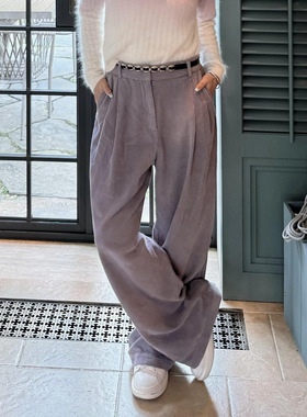 BS25新款秋季法式薰衣草紫色灯芯绒阔腿裤直筒高腰长裤 1H25VEDW