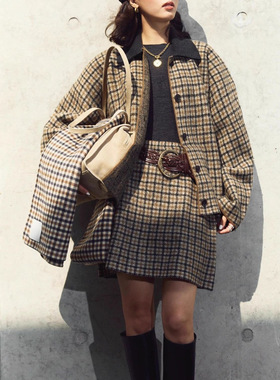 25秋冬新款C家羊毛针织格纹套装棕色夹克迷你半身裙女短两件套