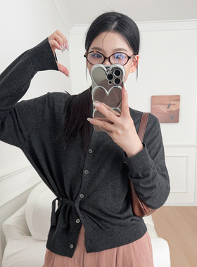 ARK25秋冬新款羊毛圆领长袖开衫灰色错位纽扣个性上衣收腰单排扣