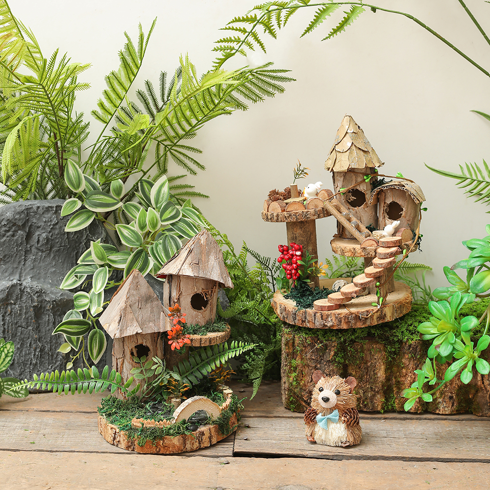 幼儿园森系仿真动物小房子田园装饰微景观花园庭院环木质创意摆设