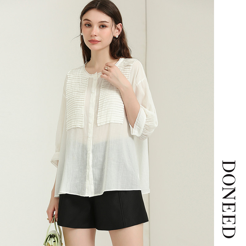 DONEED夏款文艺风苎麻雅致风琴褶薄款透气五分袖宽松衬衫上衣女