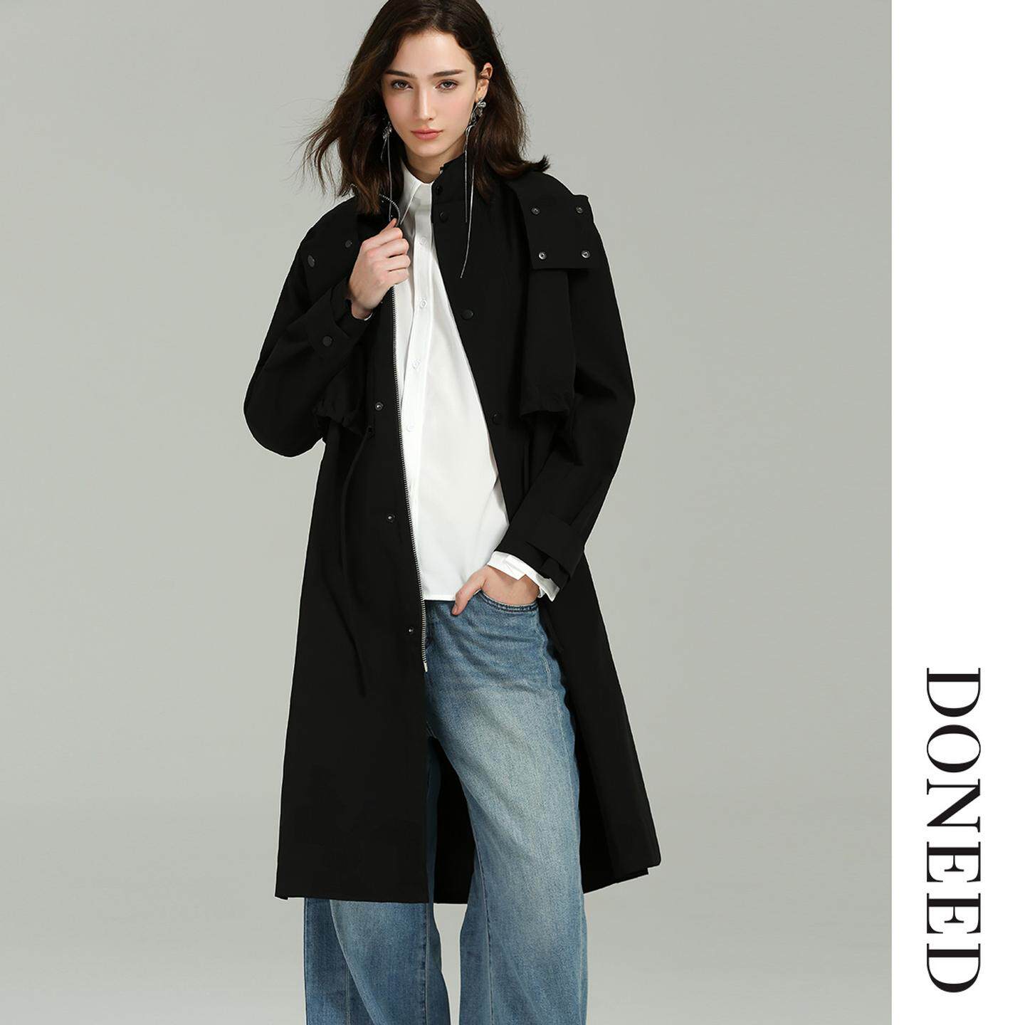 DONEED2026春季新款复古英伦连帽风衣休闲宽松中长款风衣外套