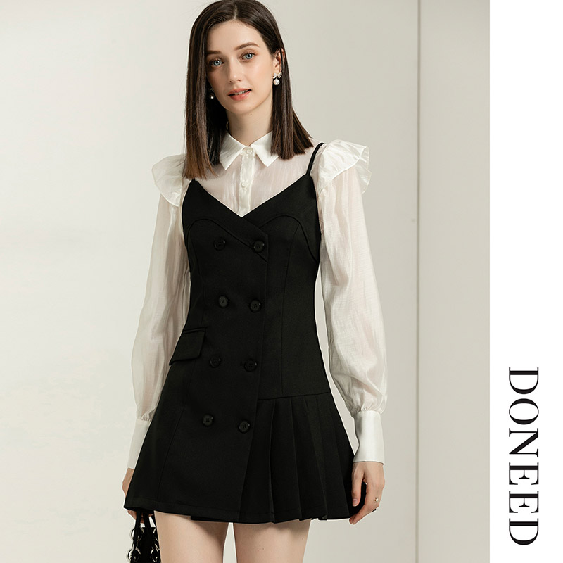 甜美气质吊带裙翻领长袖衬衫套装