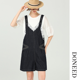 DONEED2025夏款 女 白色輕薄上衣套裝 復(fù)古文藝?yán)俳z拼接牛仔背帶褲